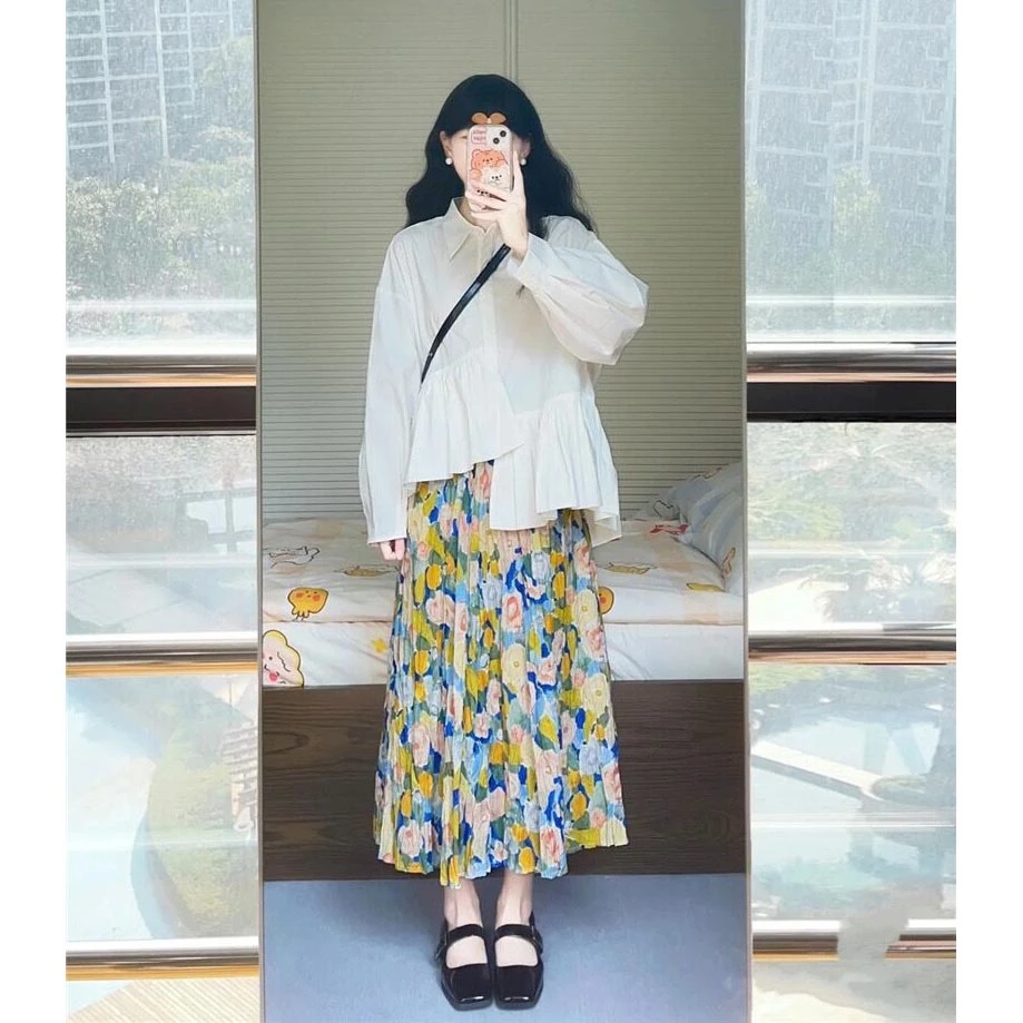 女装春夏白色衬衫百褶碎花高级感轻熟风御姐气质半身裙高腰时尚