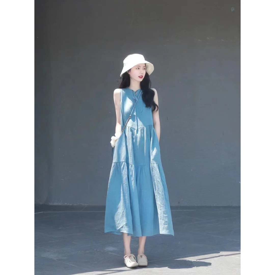 女装蓝色连衣裙小个子度假V领长裙夏季新款宽松气质显瘦无袖小众