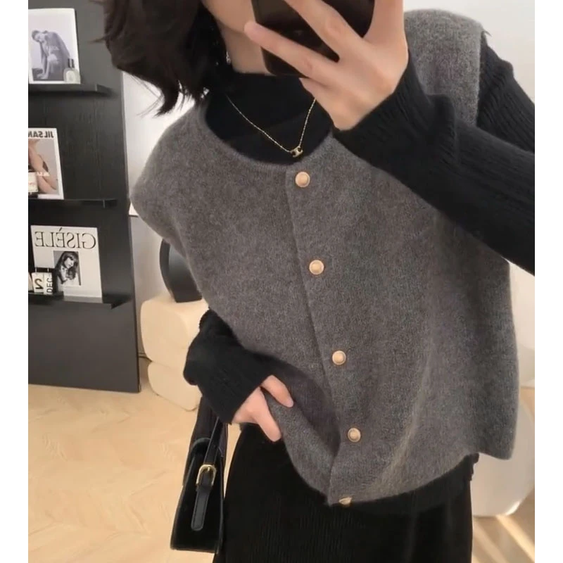 女装秋冬新款打底毛针织衫毛衣显瘦长袖时尚百搭立领叠穿宽松马甲