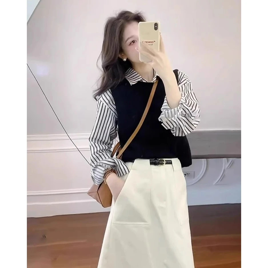 女装春秋流行时尚显瘦高级感时髦洋气减龄衬衫马甲半身裙三件套装