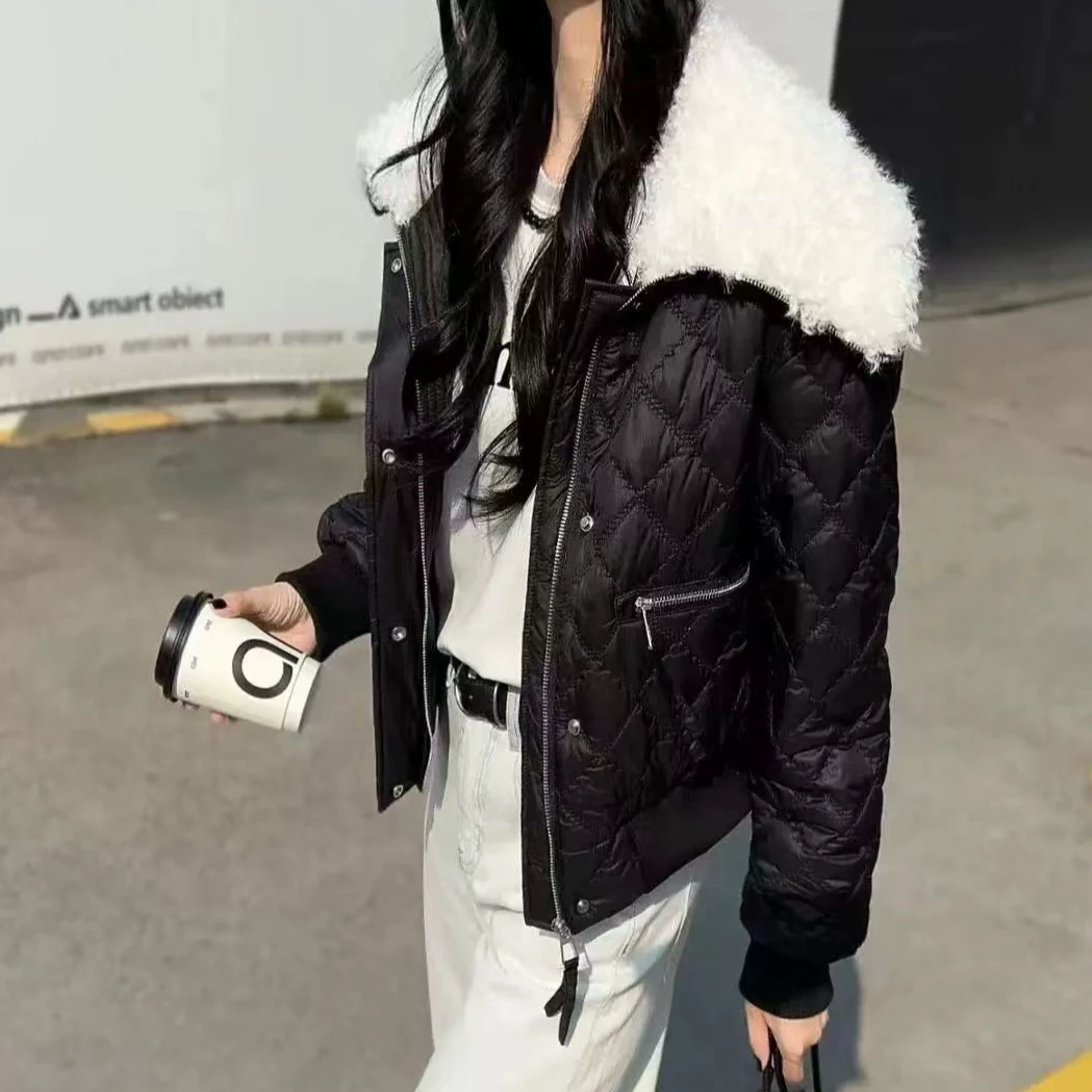 小香风格纹拼接大翻领短款棉服女冬季新款时尚洋气减龄上衣#2807