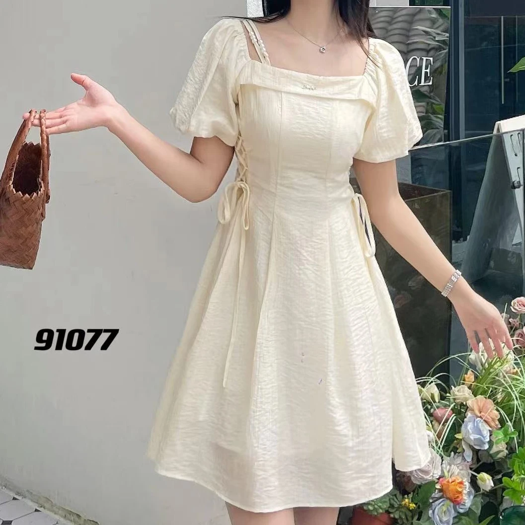 夏季新款方领泡泡袖抽绳收腰显瘦连衣裙#91077