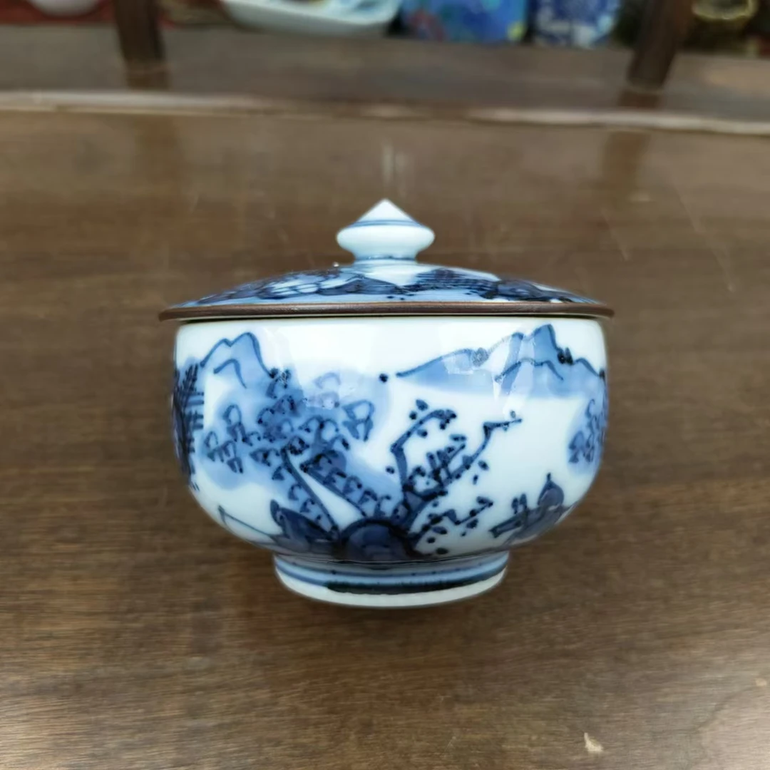 京烧清水烧名家平安昌玉手作青花染付山水图盖杯主人杯茶杯