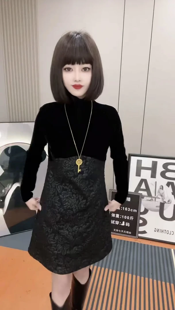 2024高领洋气金丝绒显瘦百搭连衣裙黑色网红气质秋季长袖时尚