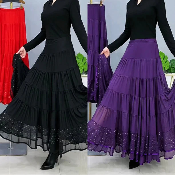 2023春夏新款大摆半身裙下垂免烫高腰高弹蛋糕裙广场舞舞蹈裙子女