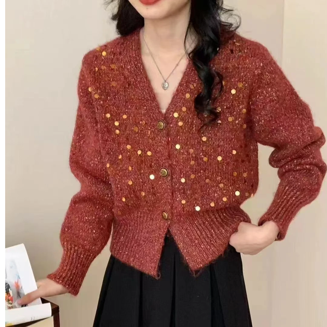 法式V领针织开衫女秋季新款慵懒重工亮片高级扎染外搭毛线衣外套