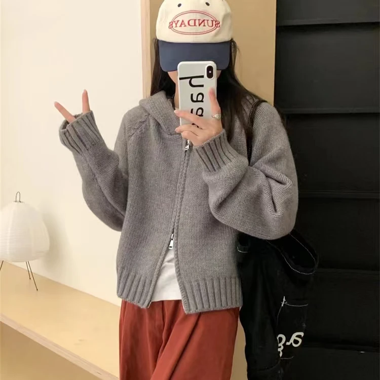 春秋季新款双拉链连帽针织开衫女韩系慵懒风网红短款休闲毛衣外套