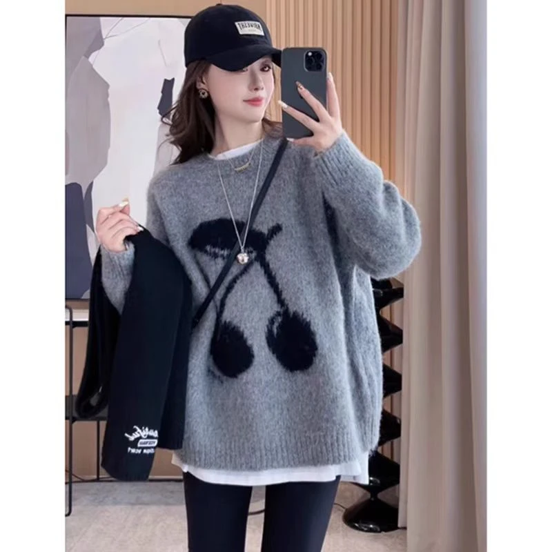 冬季加厚中长款灰色打底毛衣女秋冬新款宽松大码慵懒风针织衫上衣