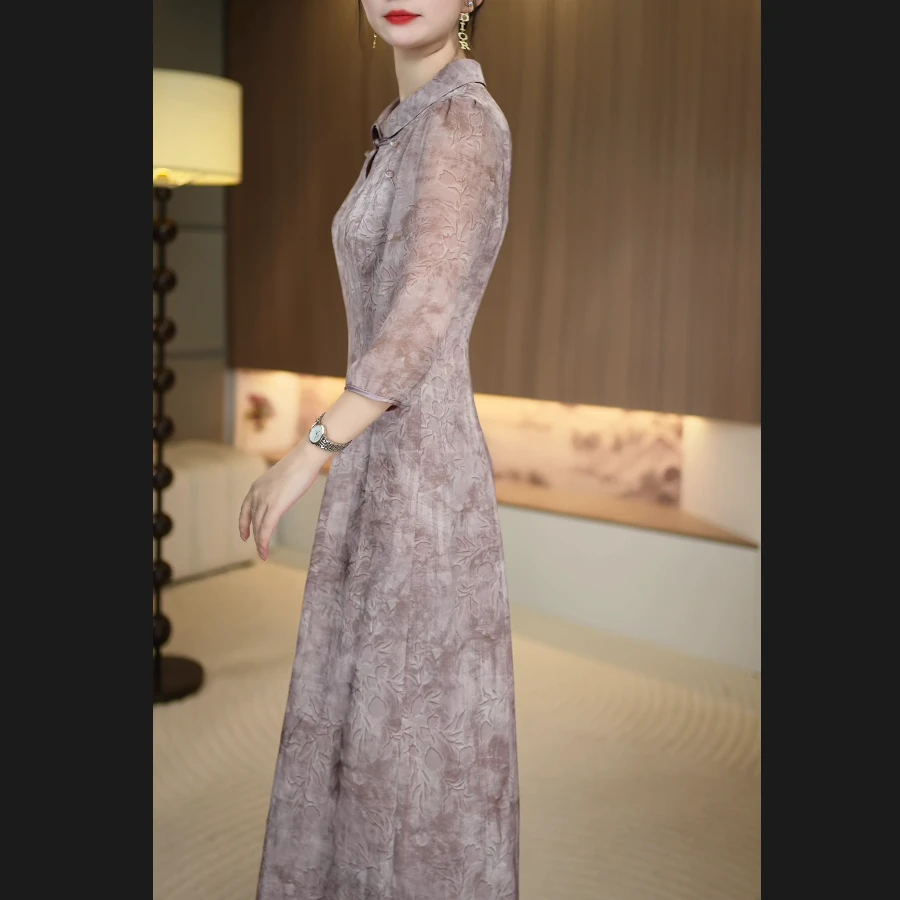 [暖晴川]秋季新款气质修身显瘦新中式减龄娃娃领中长款夏季连衣裙