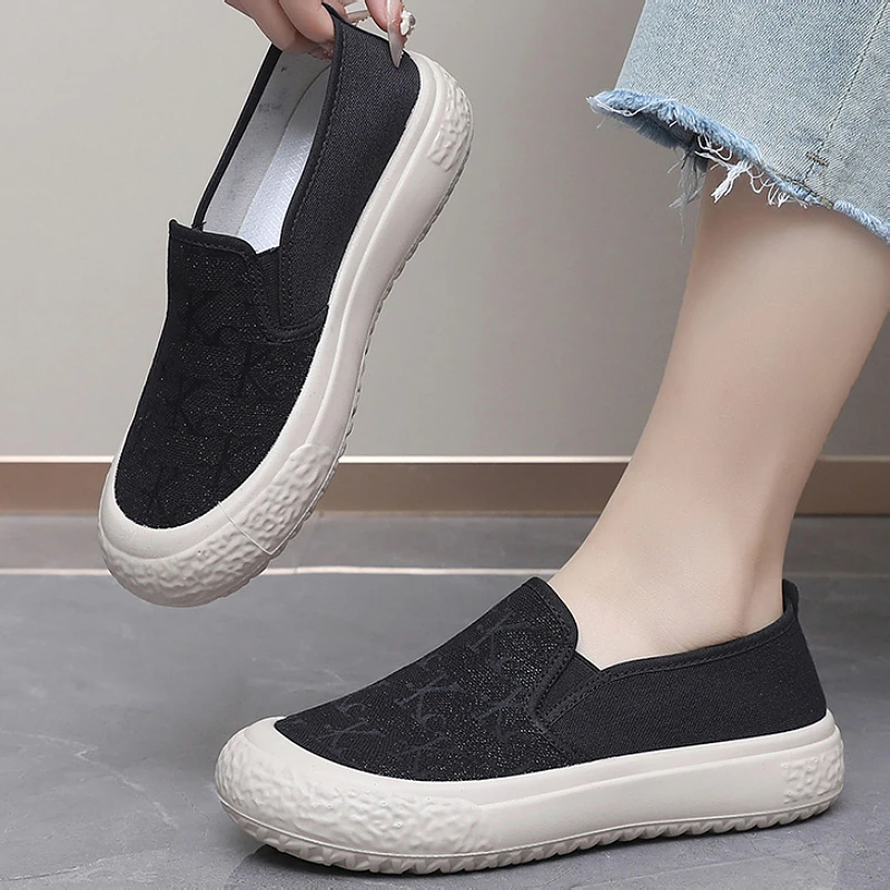 2025新款帆布鞋女春夏透气百搭休闲厚底单鞋一脚蹬软底懒人渔夫鞋