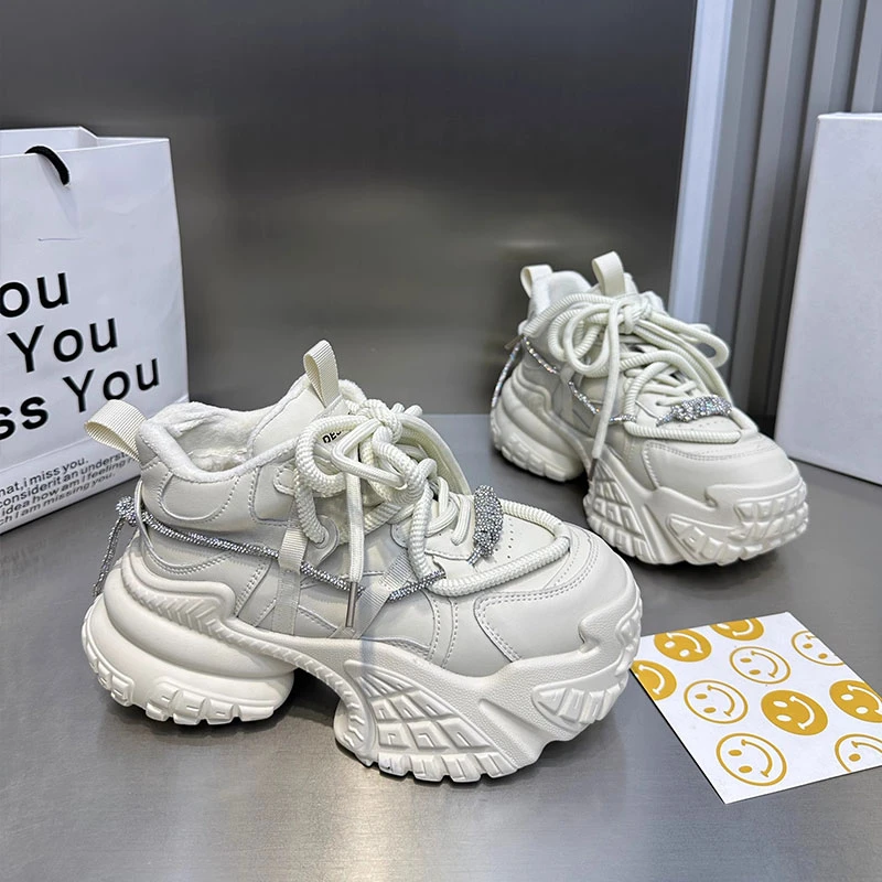 热门爆款钻条老爹鞋休闲女鞋2024秋冬新款加绒厚底百搭系带运动鞋