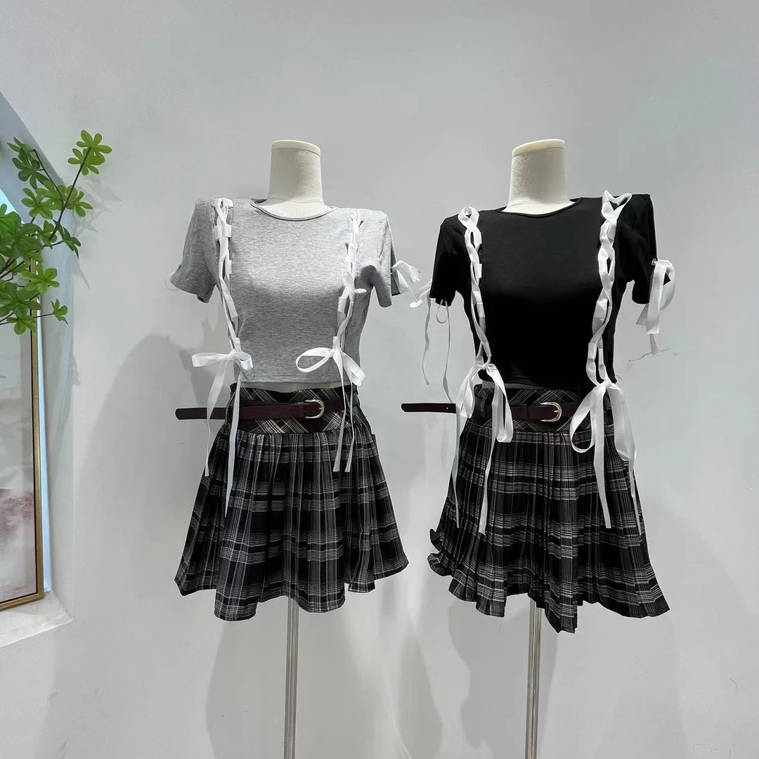 W00682甜美蝴蝶结绑带设计感辣妹套装