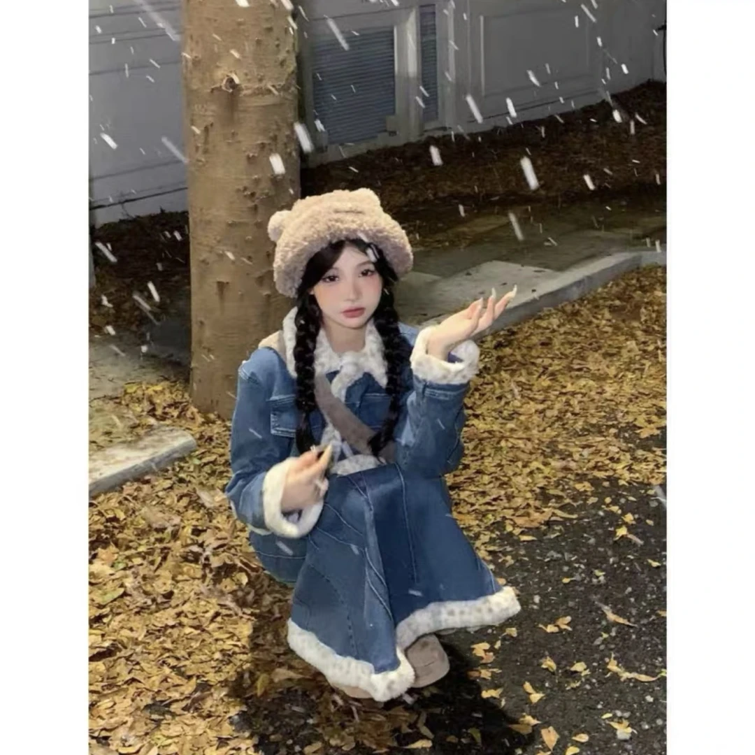 【旧时牛仔】QF00348加棉套装秋冬款新款女装保暖套装女