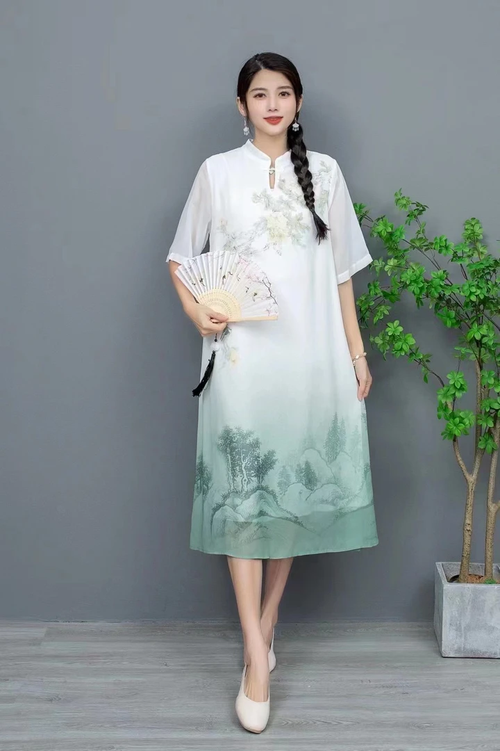绿山水画 新中式国风中长款连衣裙016