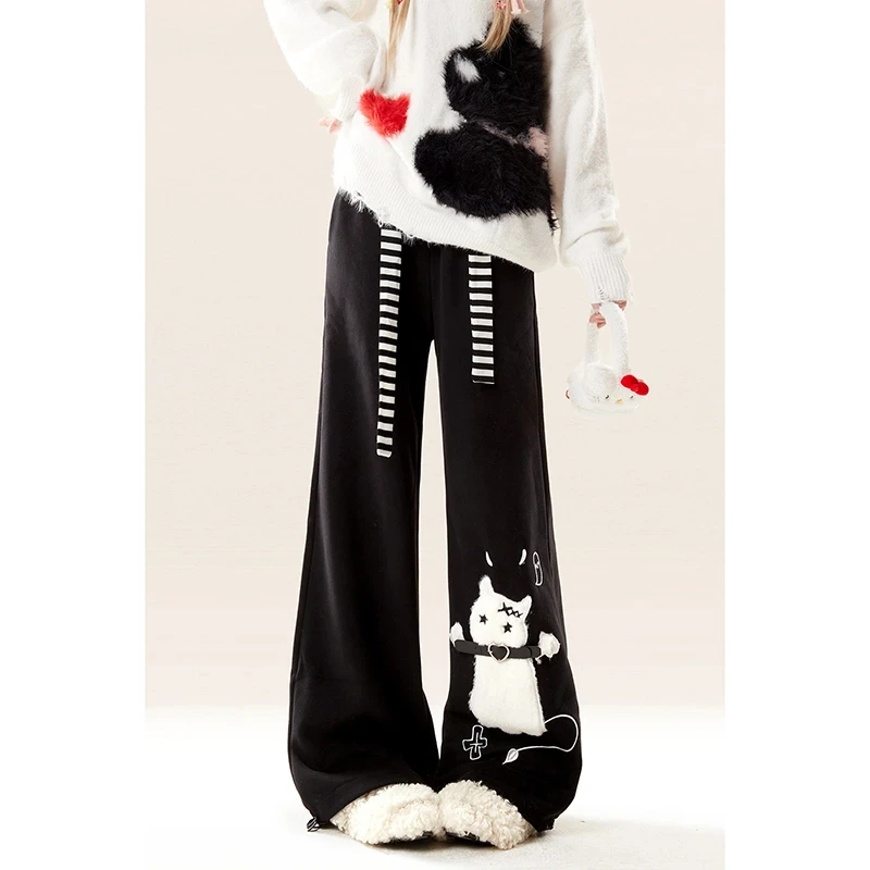 猫咪糯米裤刺绣休闲运动裤女2025新款春季黑色宽松直筒阔腿裤子
