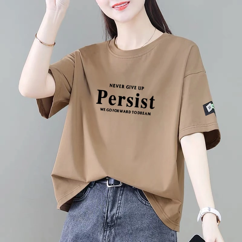 100%纯棉短袖t恤女2025夏季新款韩版时尚印花宽松显瘦百搭上衣ins
