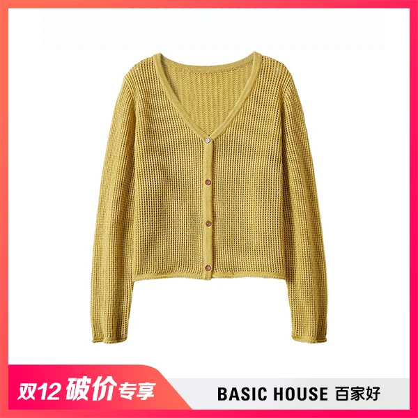 Basic House/百家好2024秋季新款V领气质时尚单排扣针织衫XX