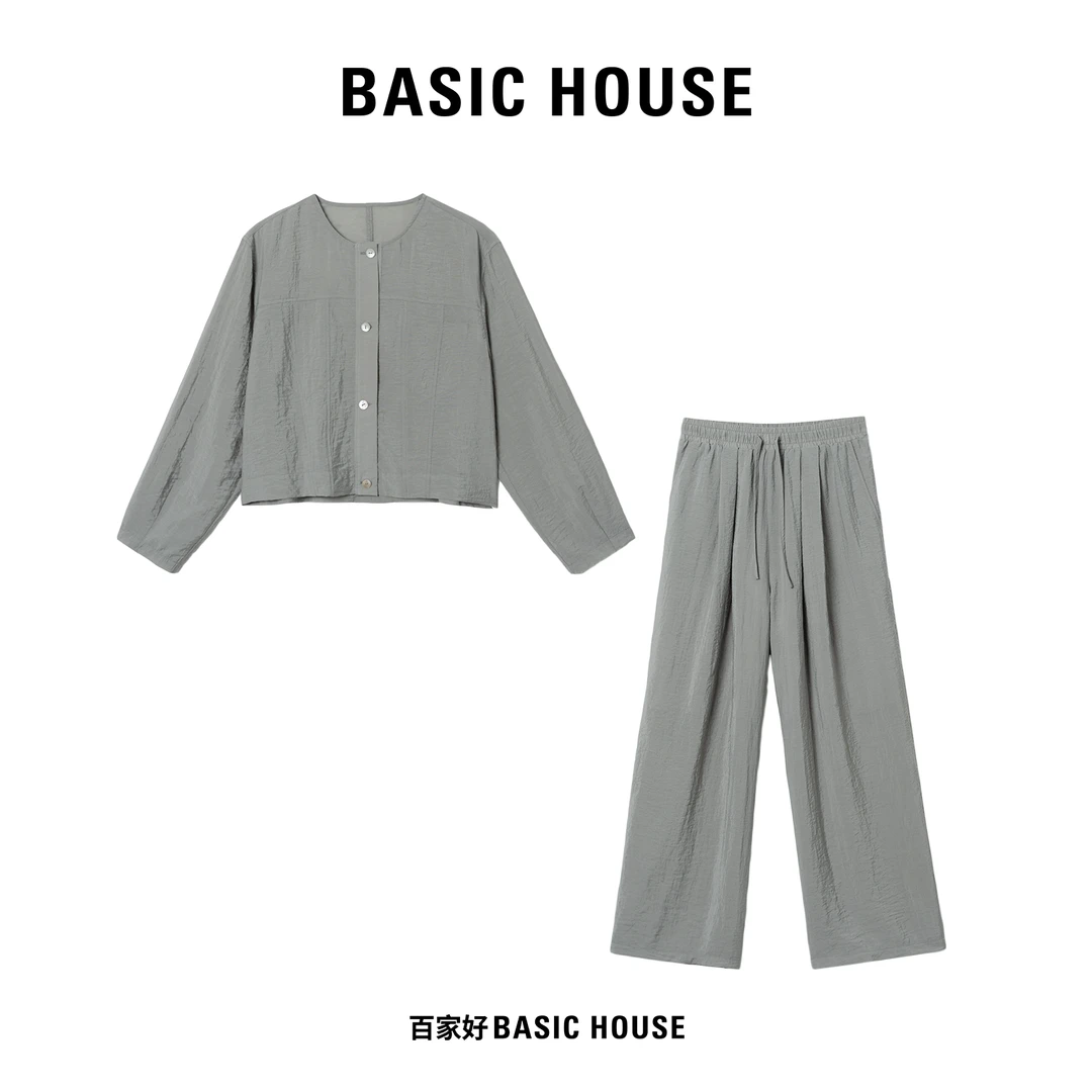 Basic House/百家好2024年新款单排扣凉感短袖高腰长裤套装
