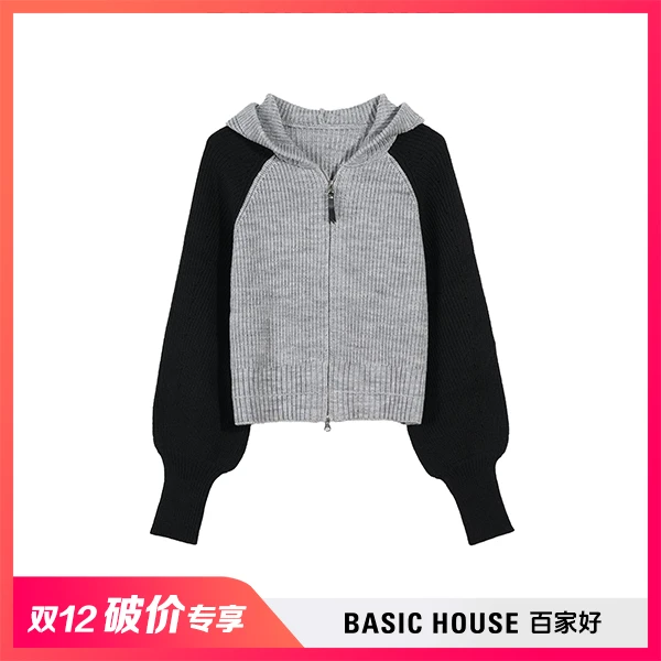 Basic House/百家好2024年冬季新慵懒感撞色拼接连帽针织衫XX