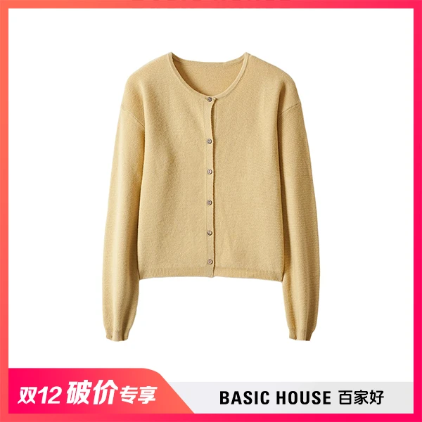 Basic House/百家好2024冬季新款圆领宽松设计收袖长袖针织衫XX