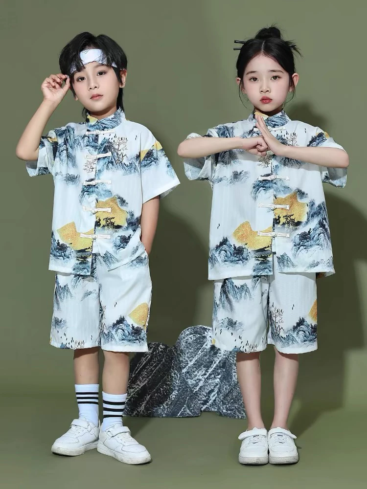 中国风唐装汉服男女童套装诗歌朗诵舞台合唱服装