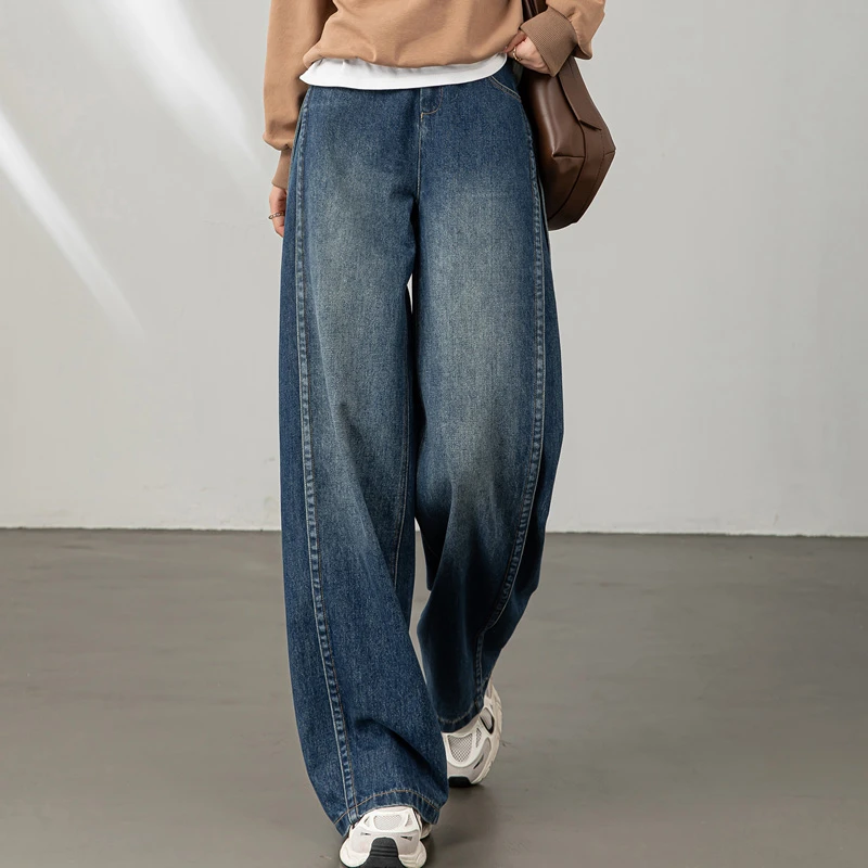 美式复古侧边条阔腿牛仔裤女2024春秋新款宽松慵懒风垂感直筒长裤