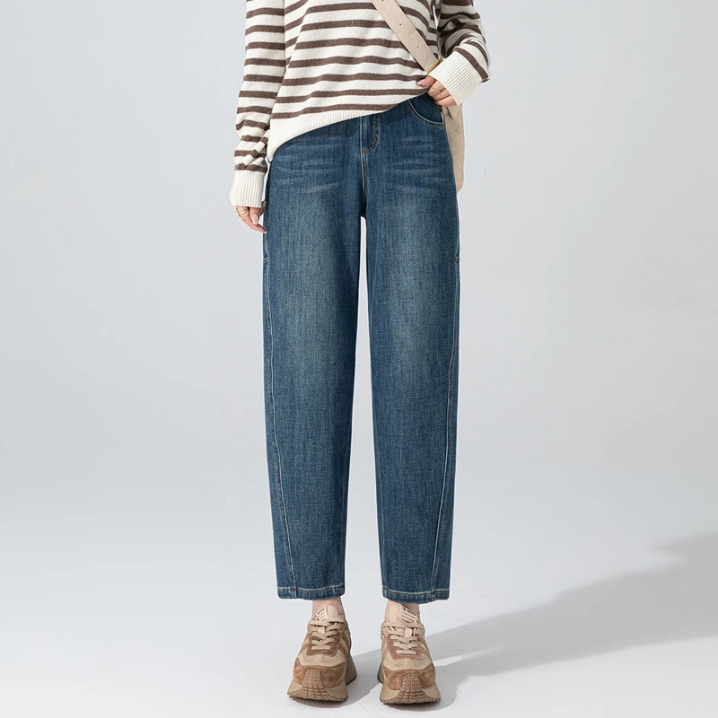 复古蓝软牛仔裤女春秋2025年新款高腰宽松萝卜裤哈伦裤九分镰刀裤