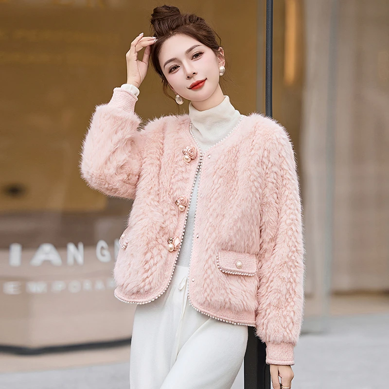 小香风环保毛皮草女短款冬季新款高级感加厚保暖皮毛一体棉衣外套