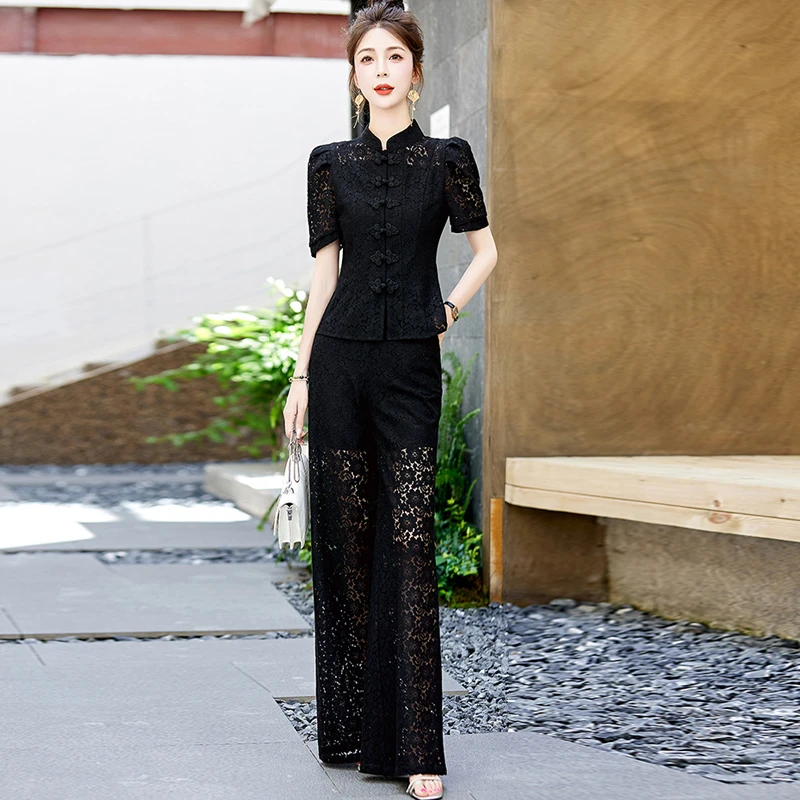 新中式国风套装女夏季新款气质显瘦名媛蕾丝盘扣高端阔腿裤两件套