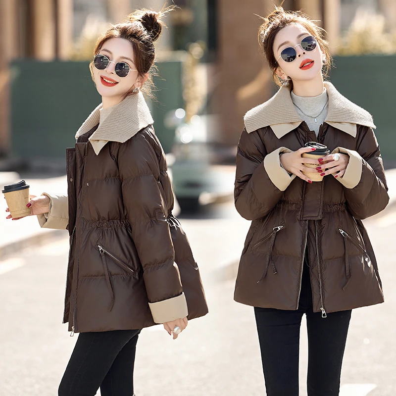 针织翻领拼接PU皮羽绒服女冬季新款修身收腰显瘦白鸭绒保暖外套