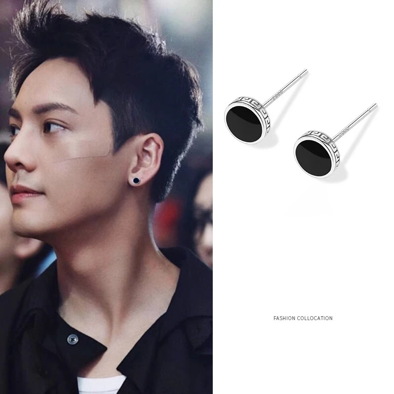 足银耳饰 足银999纯银长城纹耳环男单只耳饰潮流个性男款网红耳钉