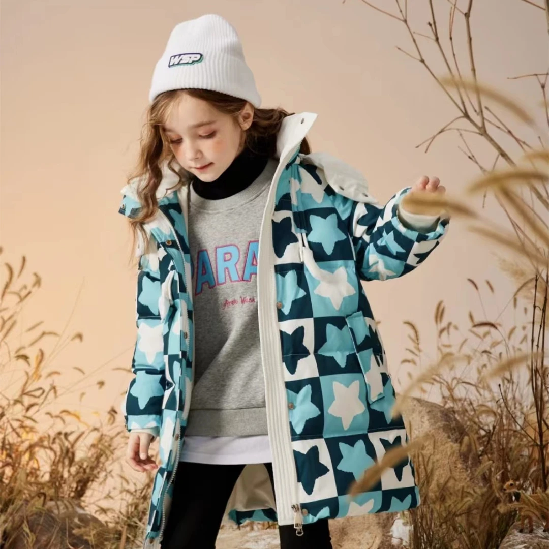 冬季拼格印花女童中长款加厚中大童连帽可拆卸羽绒服