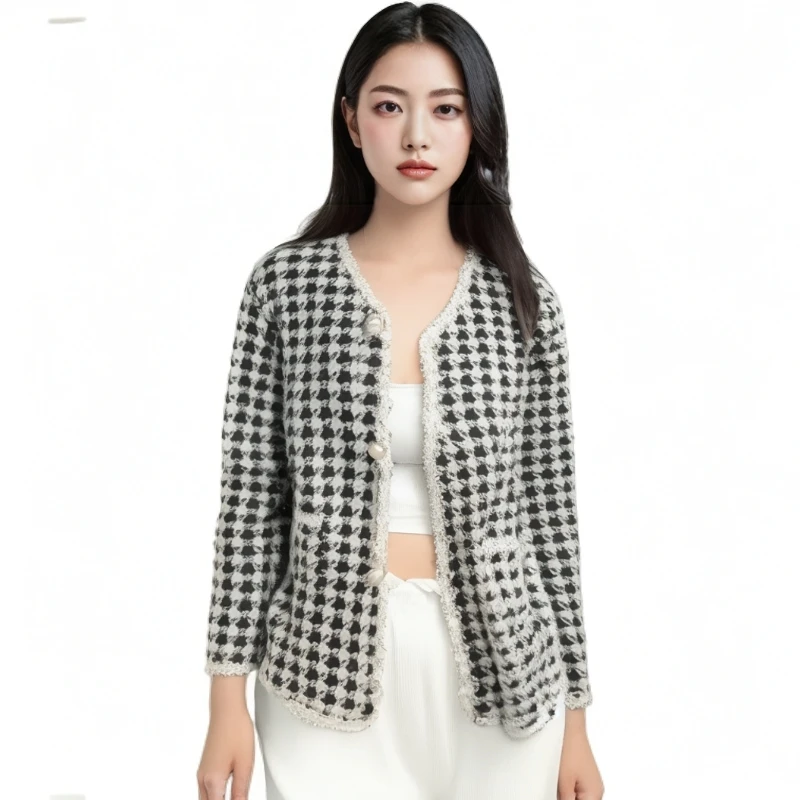 法式水貂毛小香风秋冬厚气质外套时尚百搭格子上衣女外套千鸟格