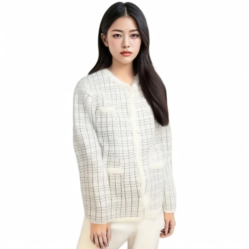 小香风格纹水貂毛女装外套气质时尚法式宽松秋冬显瘦百搭编织