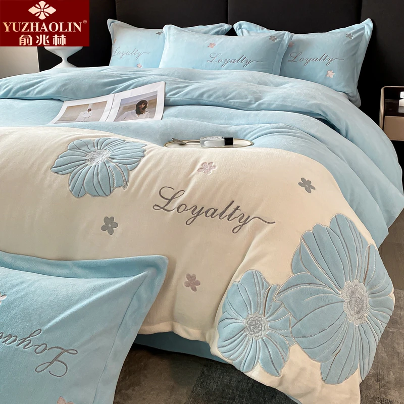 高端刺绣牛奶绒床上用品四件套冬季双面绒床单被套三件套2024新款