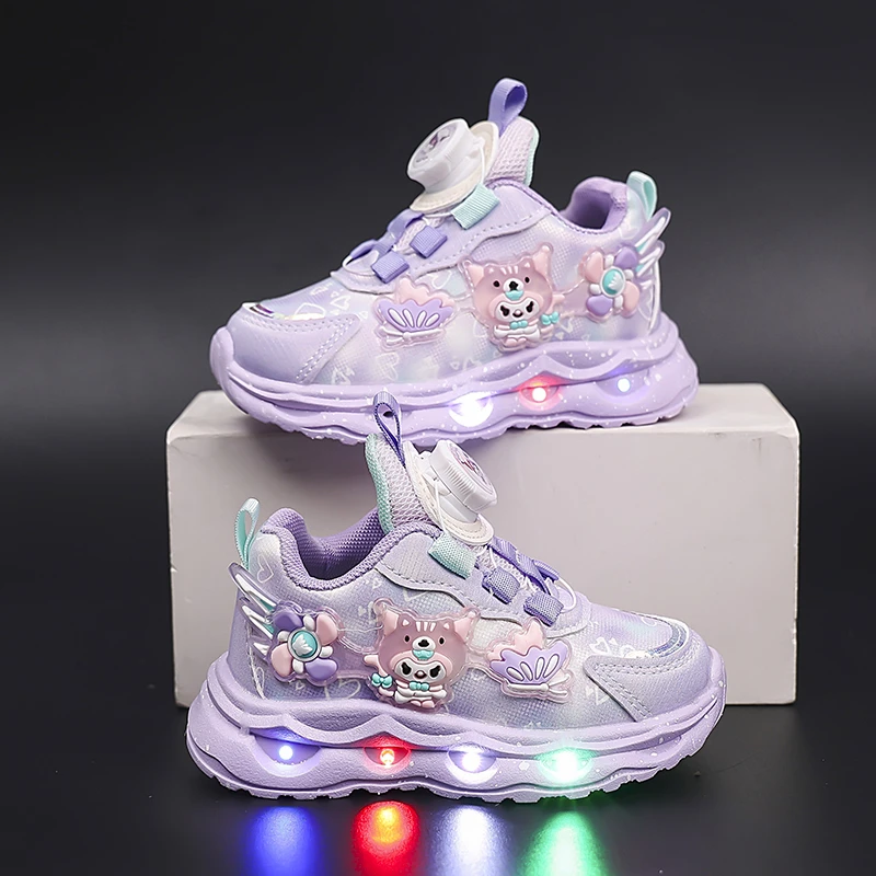 库洛米女童亮灯运动鞋秋冬款女孩加绒保暖鞋中小童皮面公主鞋软底