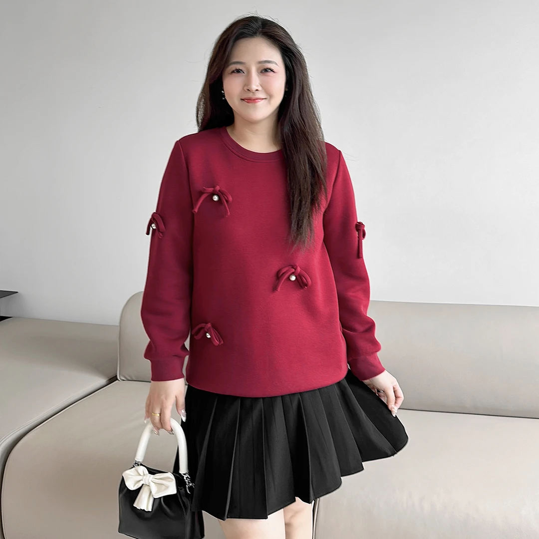 【安可拉红】MsShe大码女装秋装显瘦上衣钉珠蝴蝶结卫衣L~S2409007