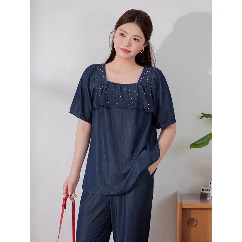 【轻薄仿牛仔】MsShe大码女装新款夏装方领短袖上衣小衫M2405275