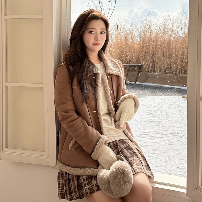 【加厚麂皮绒复合仿羊羔毛】MsShe大码女装秋冬皮毛外套L~M2410168