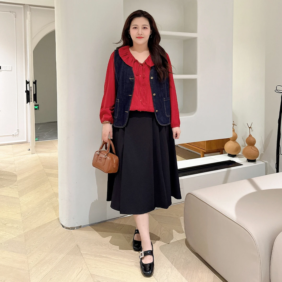 【洋气荷叶领-安哥拉红小衫】大码皱感人棉绑带长袖小衫L~M2408148