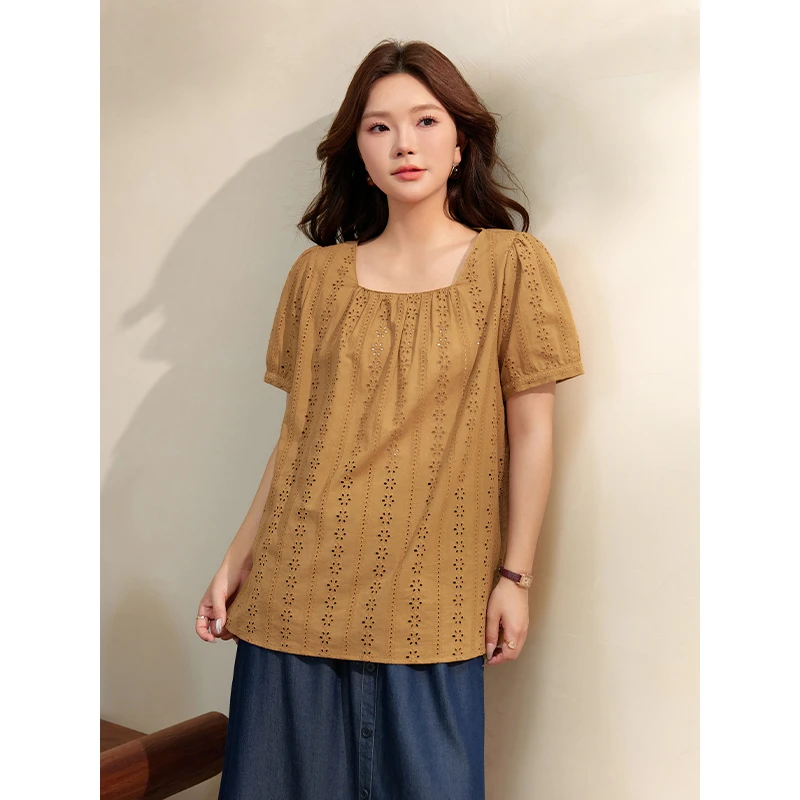 【浪漫度假风】MsShe大码女装夏刺绣棉布短袖上衣小衫M2406154