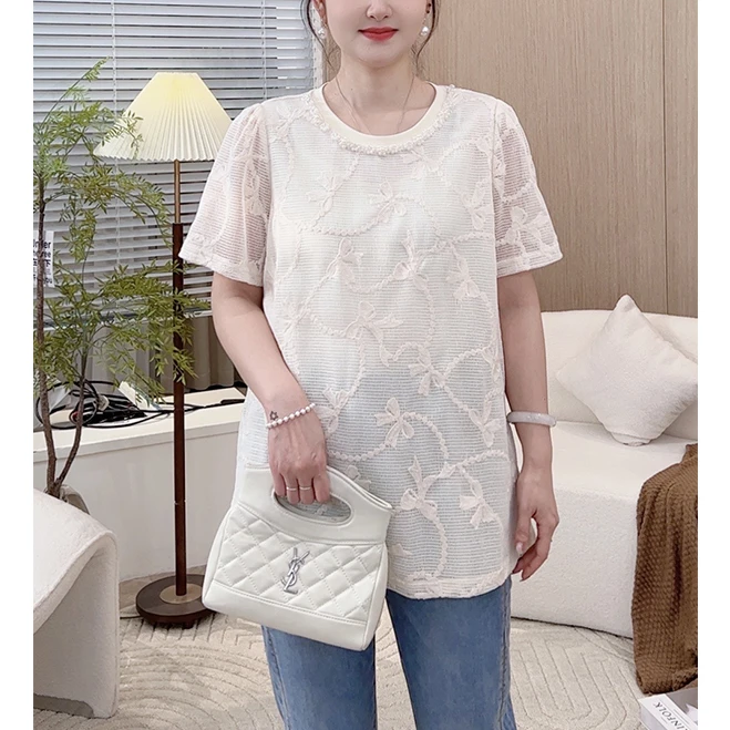【法式蕾丝衫】MsShe大码女装2024夏气质钉珠提花短袖T恤E2405044