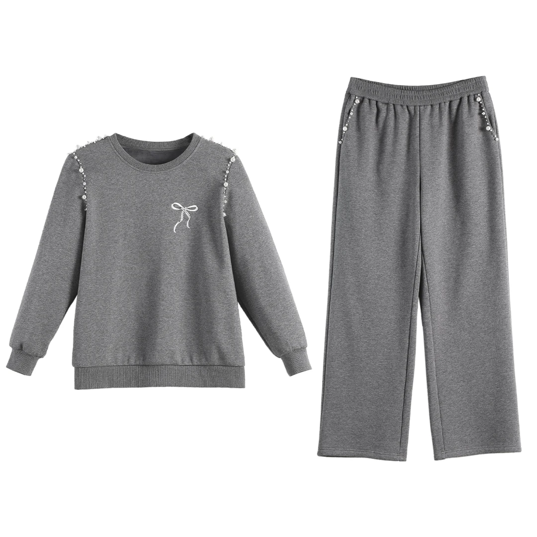 【银狐绒套装】MsShe大码女装秋冬钉珠卫衣直筒长裤L~E2410033