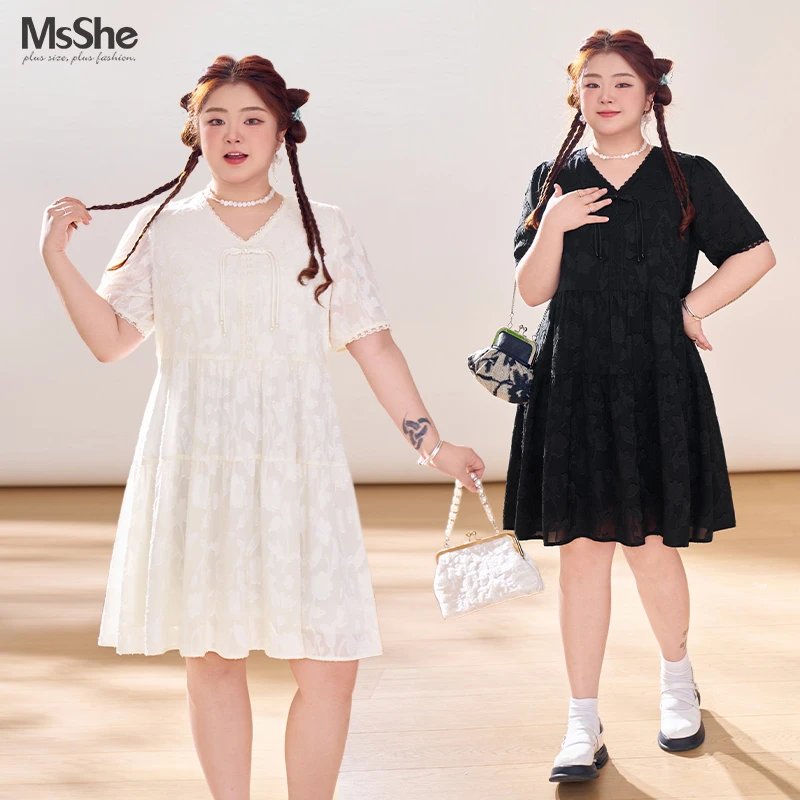 【轻奢新中式连衣裙】MsShe大码女夏新中式雪纺流苏短袖D~F2407001