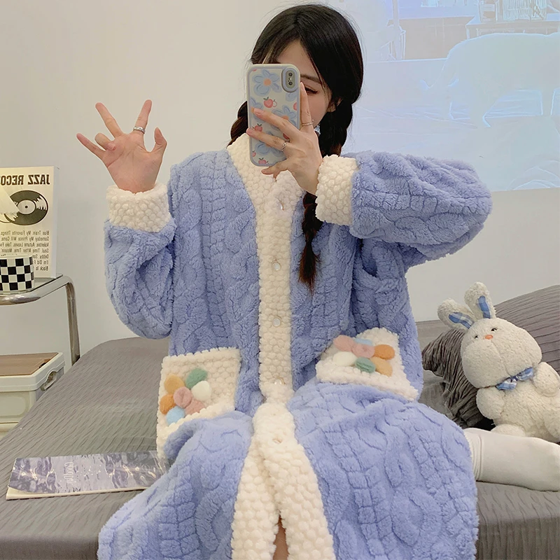 孕妇裙加厚保暖珊瑚绒产后哺乳喂奶睡裙产妇产房待产裙月子裙秋冬