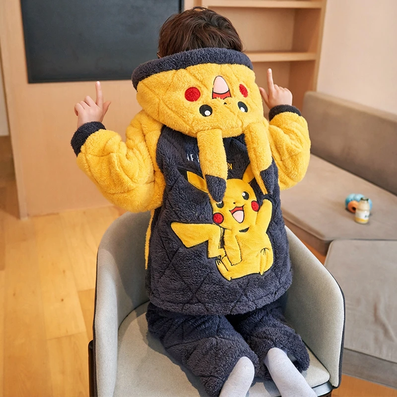 男童睡衣冬季皮卡丘法兰绒儿童珊瑚绒三层加厚夹棉保暖家居服套装