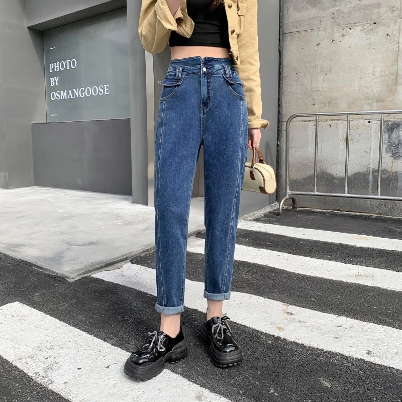 秋冬新款大码哈伦牛仔裤女宽松胖mm弹力遮肉显瘦200斤老爹裤百搭