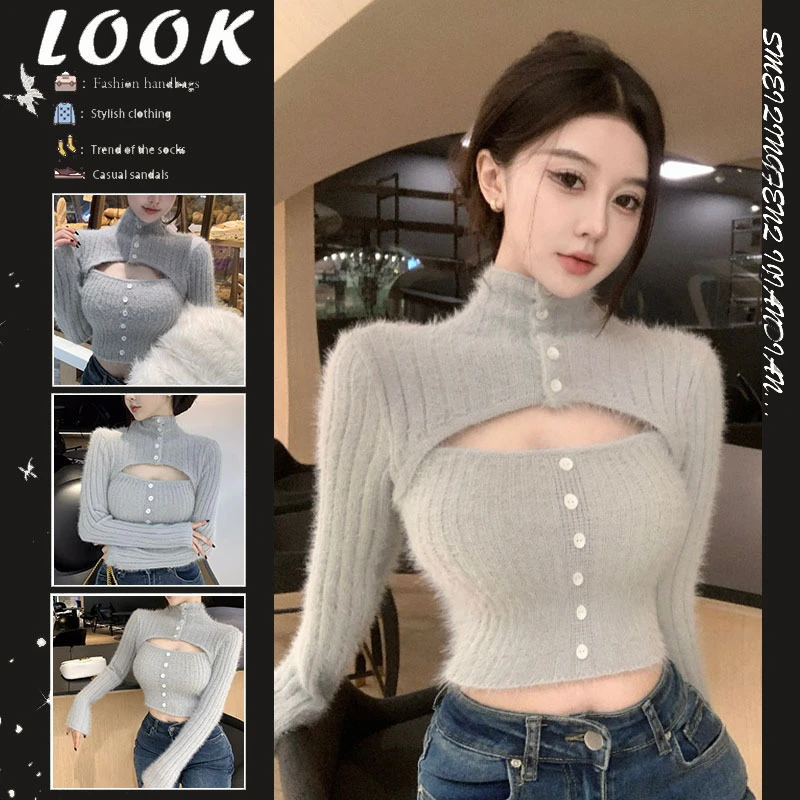仿貂绒纯欲别致甜辣妹高领毛衣针织打底衫女内搭短款长袖上衣秋冬