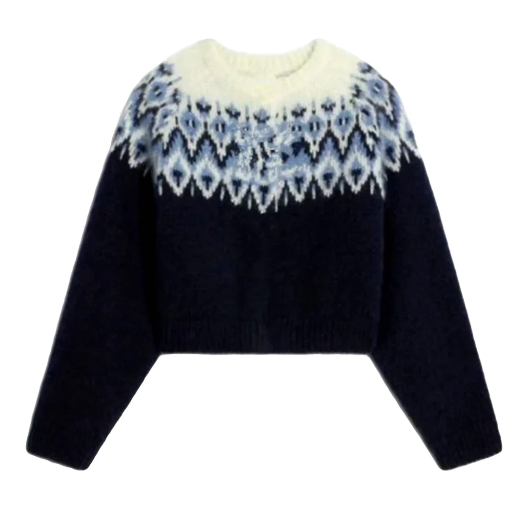 唐嫣费尔岛拼色格子毛衣女小众高级感时尚洋气慵懒风长袖针织上衣