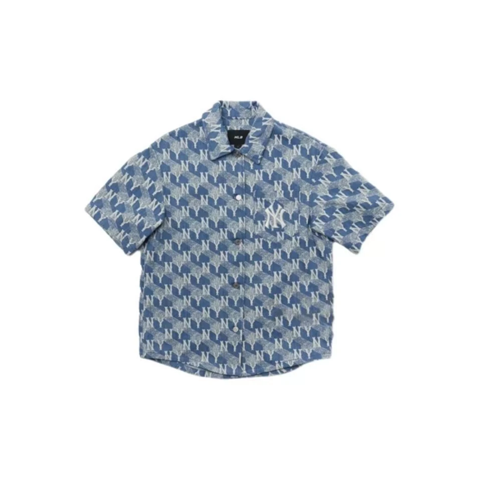 MLB纽约洋基队 迷彩满标老花休闲宽松牛仔衬衣外套 男女同款 浅蓝